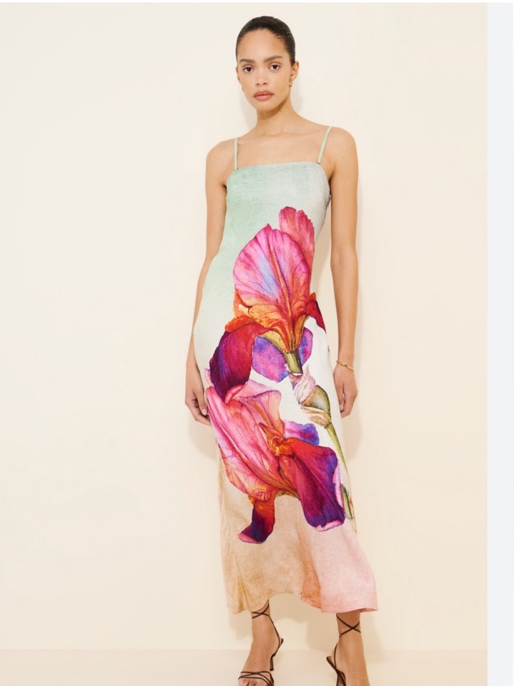 Anthropologie Strapless Dress in Light Green with Pink Floral Print
